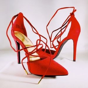 Shoe Dazzle Red Faux Suede Lace Up High Heel